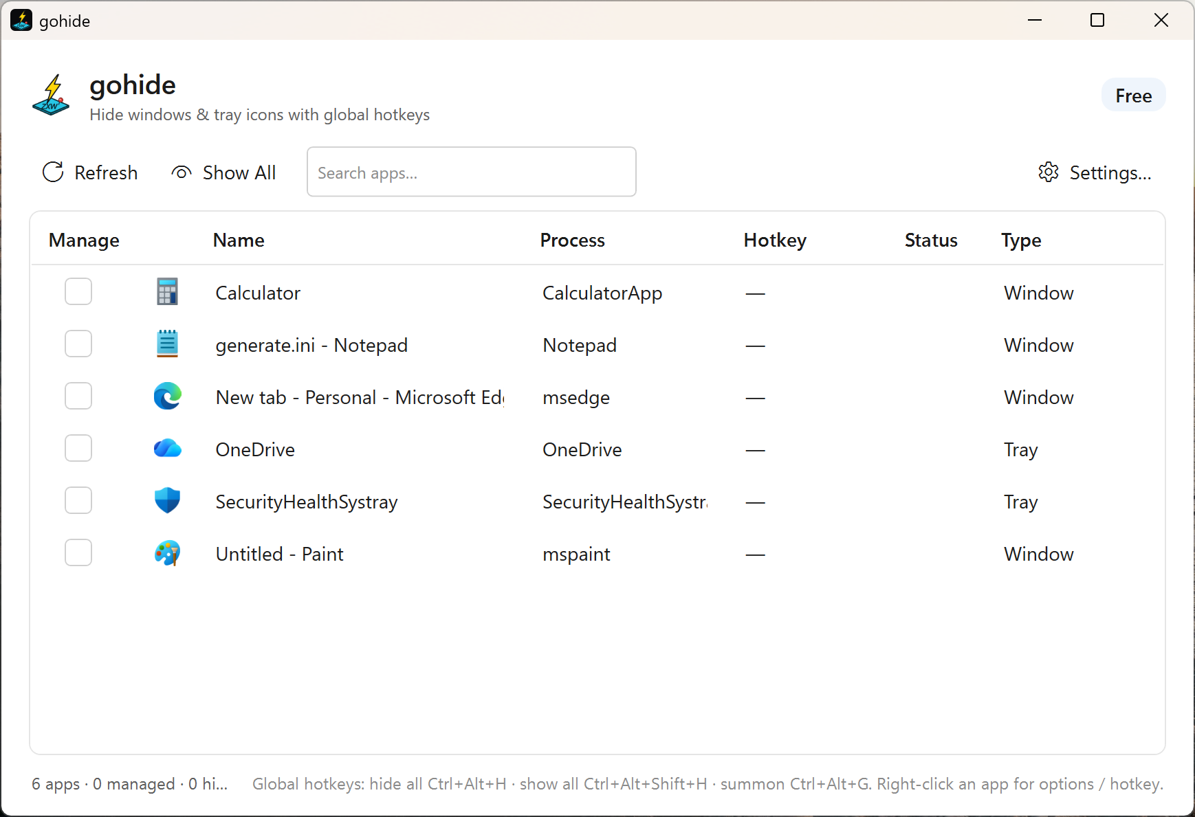 gohide main window listing running apps
