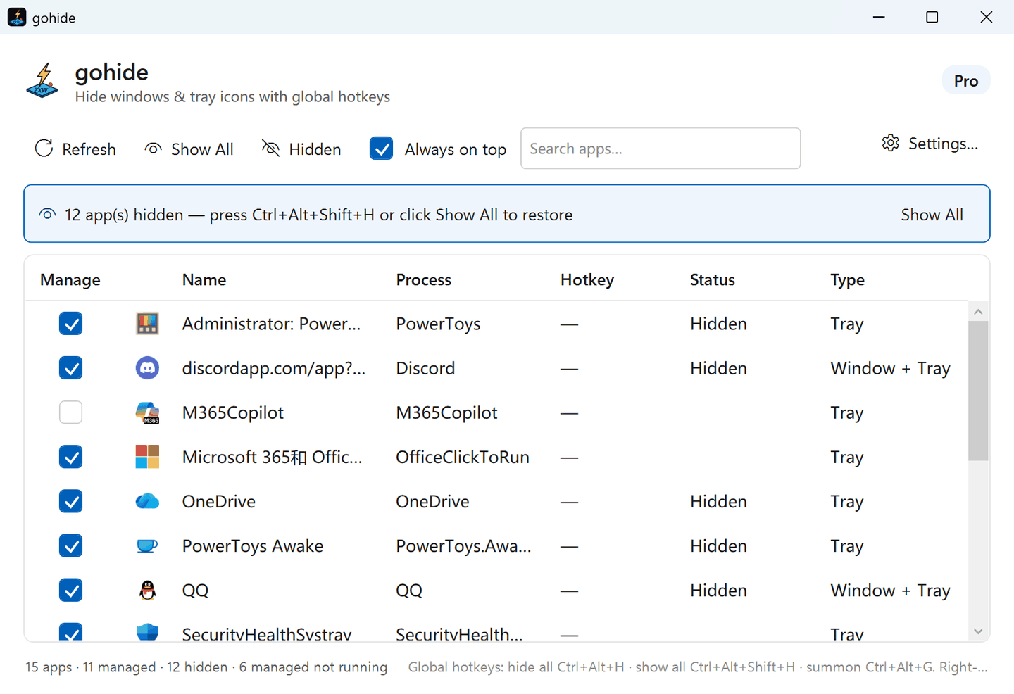 gohide main window with 12 apps hidden and a banner showing the restore hotkey