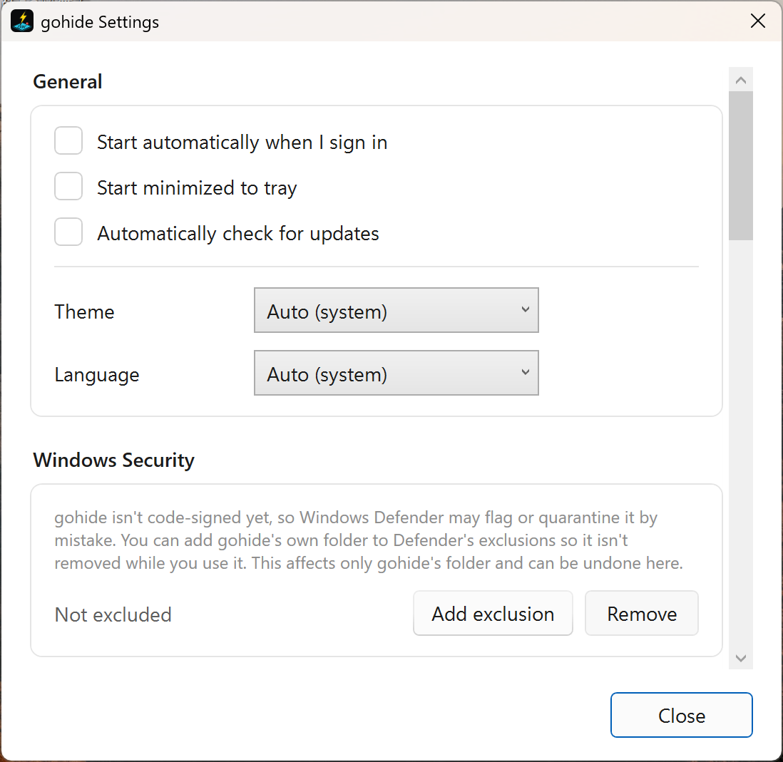 gohide settings window